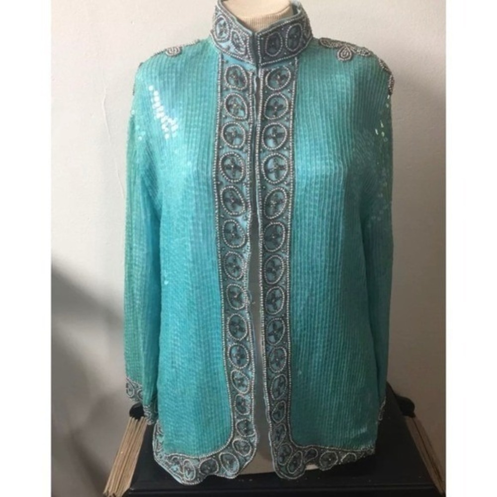 Vintage Sequin Beaded Jacket Womens L Turquoise Blue Silver Evening Glam